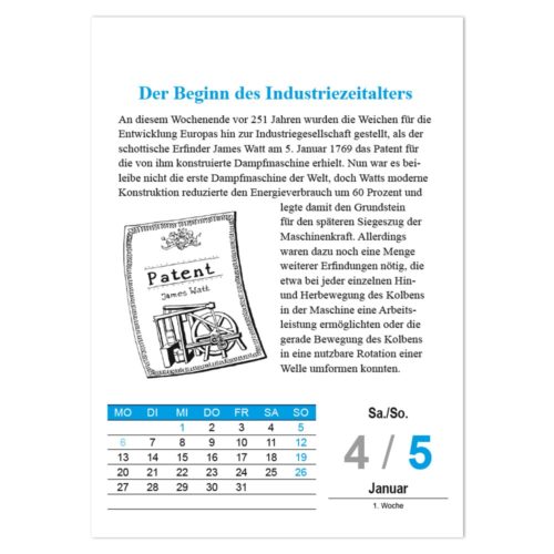 Kalenderseite mit einem Artikel über die industrielle Revolution und einer Illustration des Dampfmaschinenpatents von James Watt.