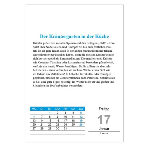Kalenderseite in deutscher Sprache mit Kräutergartentipps, einem Kalendarium für Januar und hervorgehobenem Freitag, den 17.