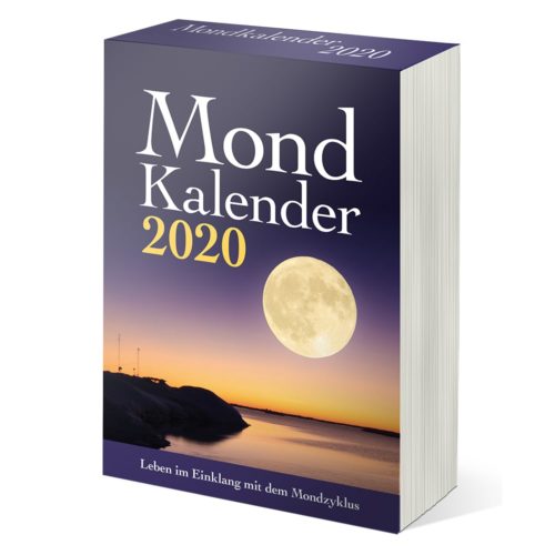 Buch mit dem Titel „Mond Kalender 2020“ mit einem Vollmond vor einem Abendhimmel auf dem Cover.