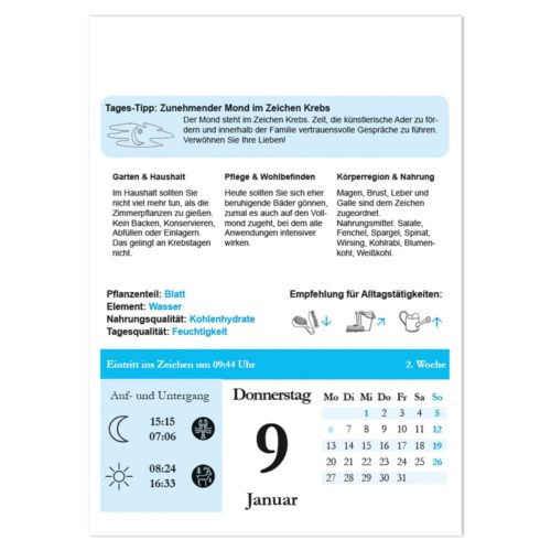 Deutsches Kalenderblatt für den 9. Januar mit Mondphasen, Tagestipps, Sonnenauf-/Sonnenuntergangszeiten und Wettersymbolen.