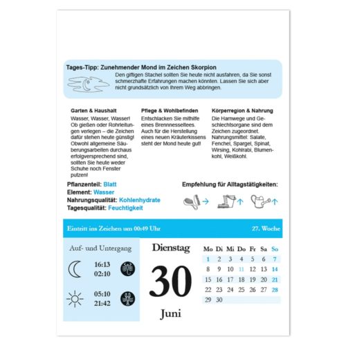 Deutsches Kalenderblatt für den 30. Juni mit Tagestipps, Mondphase und astrologischen Details.
