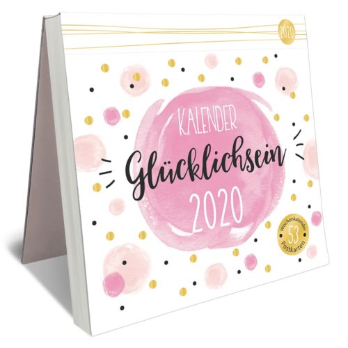 Tischkalender mit dem Titel „Kalender Glücklichsein 2020“ mit rosa-goldenem Punktemuster.