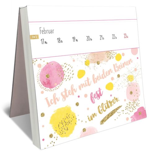 Eine Tischkalenderseite für Februar mit farbenfroher abstrakter Kunst und deutschem Text.