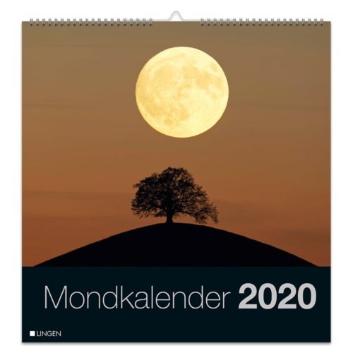 Ein Vollmond geht über einem Baum auf einem Hügel auf. Die Bildunterschrift lautet „Mondkalender 2020“.