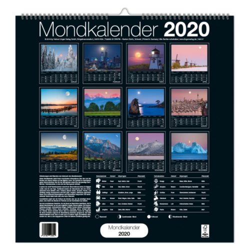 Wandkalender 2020 mit dem Titel „Mondkalender“ mit monatlichen Landschaftsbildern und Mondphasen.