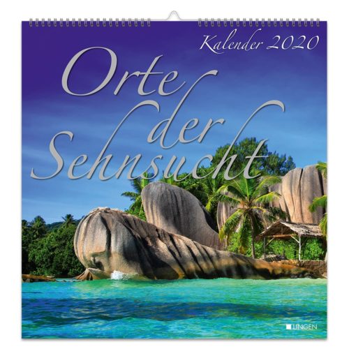 Kalendercover mit „Orte der Sehnsucht“ 2020, mit tropischem Strand mit Palmen und großen Felsen.