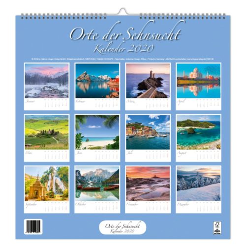 Ein Wandkalender 2020 mit dem Titel „Orte der Sehnsucht“ mit 12 malerischen Landschaftsbildern für jeden Monat.