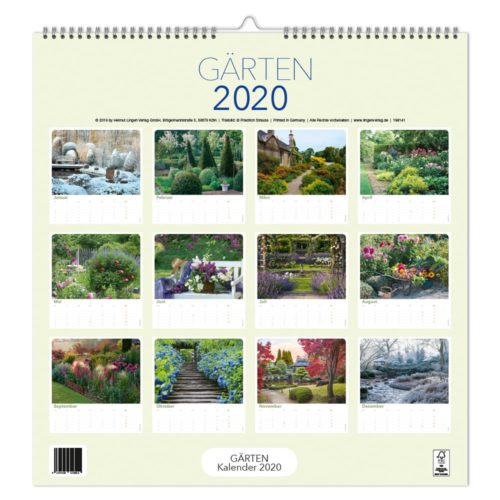 Wandkalender mit verschiedenen üppigen Gartenszenen für jeden Monat des Jahres 2020.