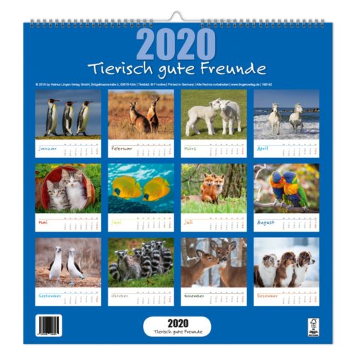 Tierkalender 2020 mit monatlichen Fotos verschiedener Tiere wie Kätzchen, Pinguinen und Erdmännchen.
