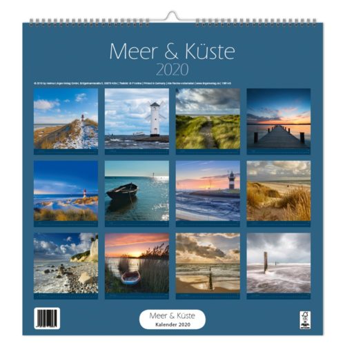 Kalender für 2020 mit 12 Küsten- und Meereslandschaftsfotos mit blauem Cover und dem Titel „Meer & Küste“.