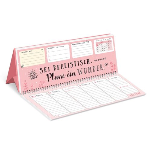 Ein rosa Wochenplaner mit dekorativen Motiven und deutschem Text.