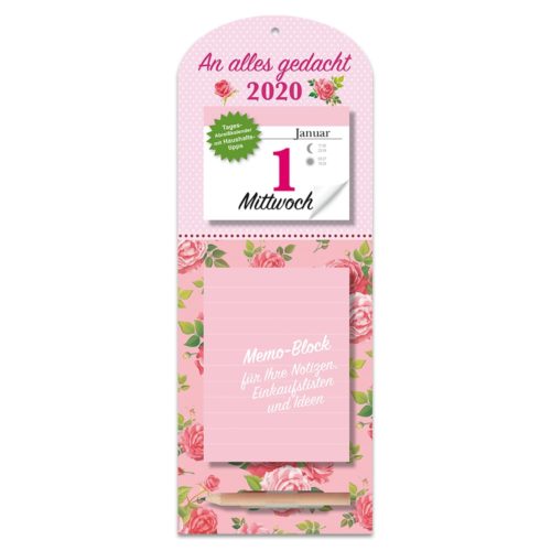 Kalender- und Notizblock-Kombination mit floralem Design, dem 1. Januar 2020 und deutschem Text auf rosa Hintergrund.