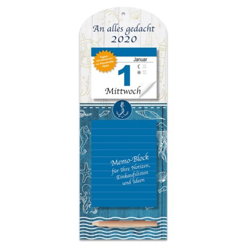 Ein Abreißkalender für 2020 mit Notizblock für Notizen und Listen im nautischen Stil in Blau und Weiß.