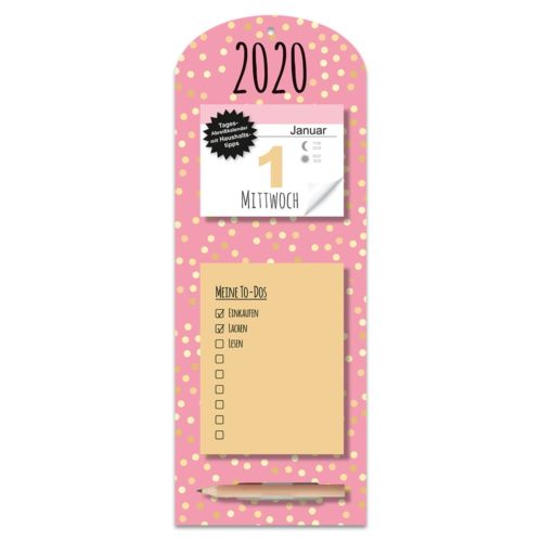 Rosa Wandkalender mit goldenen Punkten, Notizblock, Bleistift und „2020“ oben. Deutscher Text zeigt den 1. Januar, Mittwoch.