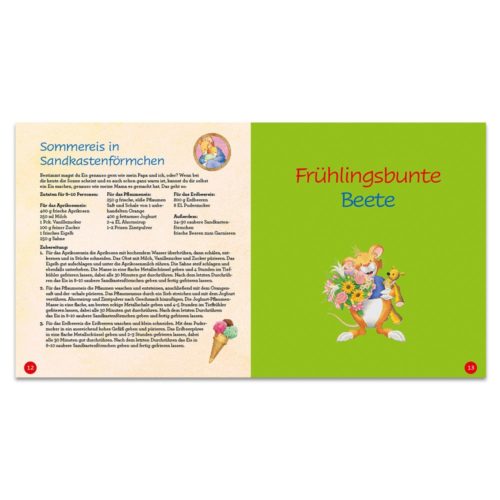 Offenes Buch mit Rezepten auf der linken Seite und einem Cartoon-Häschen, das Blumen hält, auf der grünen rechten Seite.