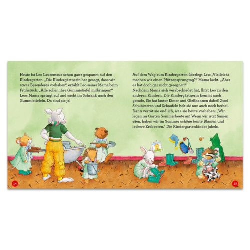 Illustration von Tieren in einem Kindergarten mit Spielzeug und Bauklötzen, ein Kaninchen liest einer Gruppe eine Geschichte vor.