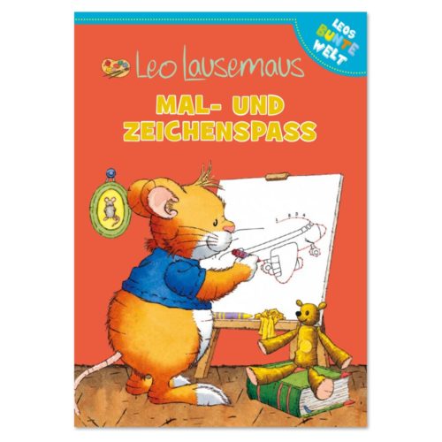 Illustrierte Mäusezeichnung auf einer Staffelei mit Teddybär, betitelt „Mal- und Zeichenspaß“ auf rotem Hintergrund.