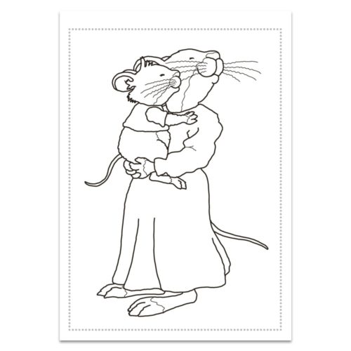 Eine Mausmutter umarmt eine kleine Maus. Beide stehen aufrecht und lächeln.