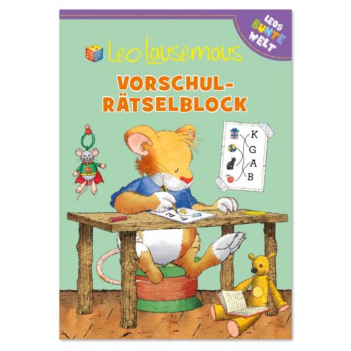Eine Maus sitzt da und löst Rätselblöcke mit Zeichnungen und Buchstaben mit dem Titel „Vorschul-Rätselblock“.