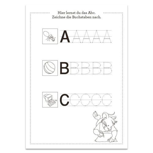 Übungsblatt zum Alphabet mit Bildern für die Buchstaben A, B, C