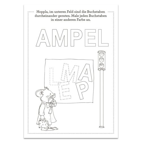 Malvorlage mit einer Maus, die eine Tasche hält, Buchstaben in der falschen Reihenfolge und einer Ampel. Anleitung auf Deutsch.