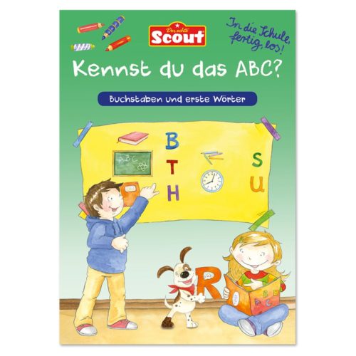 Kinder und ein Hund mit Alphabetbuchstaben auf einem grünen Buchumschlag mit dem Titel „Kennst du das ABC?“