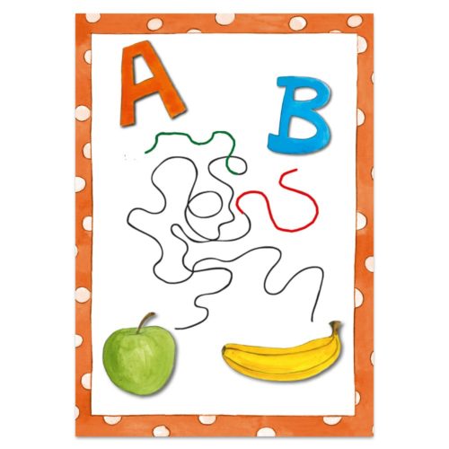 Buntes Buchstabenpuzzle mit einem Apfel, einer Banane und Wegen, die zu den Buchstaben A und B auf einem gepunkteten Rand führen.