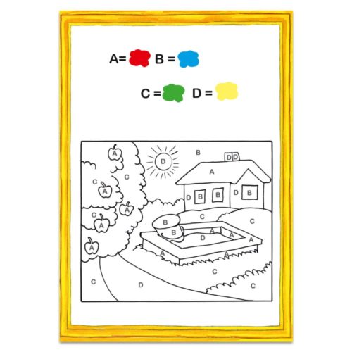 Malvorlage mit einem Haus, einem Baum und einem Pool. Buchstabenkodierte Bereiche entsprechen den Farben Rot, Blau, Grün und Gelb.