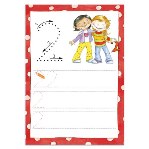 Kinderarbeitsblatt mit zwei Kindern, Anleitung zum Zahlennachzeichnen und Übungslinien auf einem roten Punktrand.