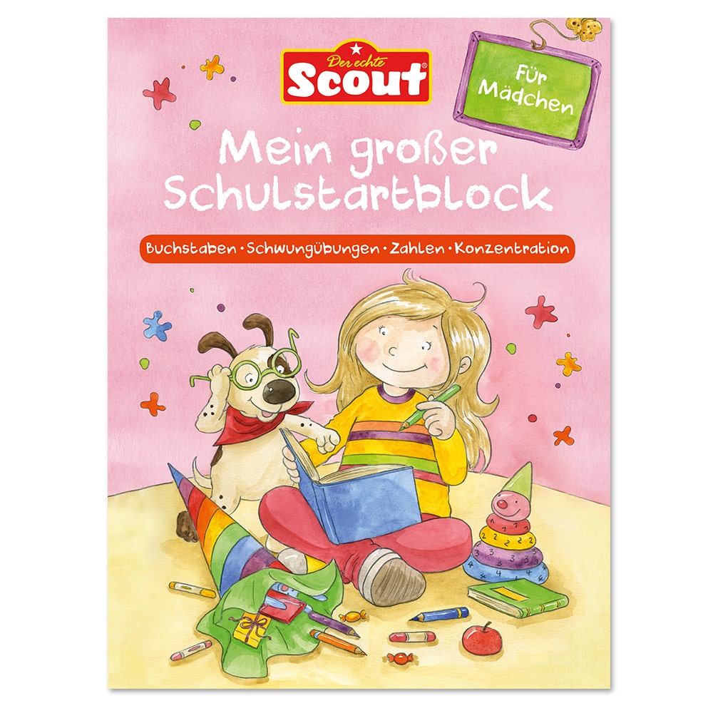 Cartoon-Mädchen und Hund mit Schulsachen, mit dem Titel „Mein großer Schulstartblock“ auf einem farbenfrohen rosa Hintergrund.
