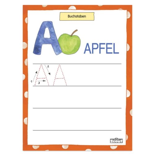 Arbeitsblatt zum Buchstaben A mit einer Abbildung eines grünen Apfels, Linien zum Nachzeichnen und dem Wort „Apfel“ in Blau.
