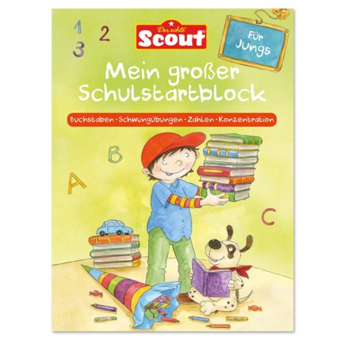 Illustriertes Cover mit einem Jungen mit roter Mütze, der Bücher trägt, umgeben von einem Hund und Schulsachen. Deutscher Text.
