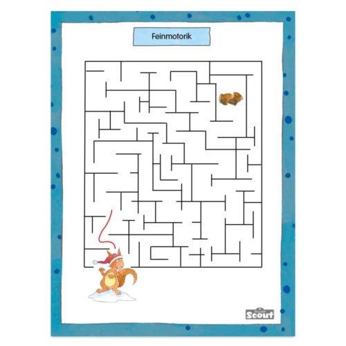 Labyrinth mit einem Eichhörnchen unten links, das versucht, an die Nüsse oben rechts zu kommen, mit der Überschrift „Feinmotorik“.