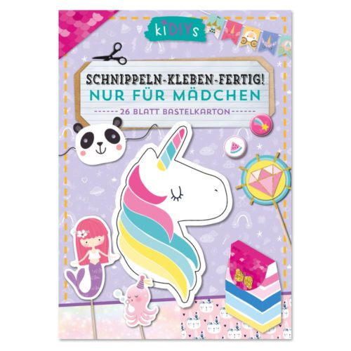 Farbenfroher Buchumschlag zum Basteln für Kinder mit Einhorn, Panda, Meerjungfrau und dekorativen Elementen.