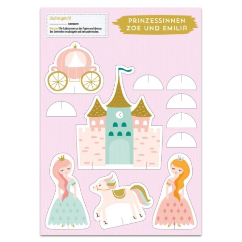 Stickerbogen mit Prinzessinnen, einem Schloss, einer Kutsche und einem Einhorn in Pastellfarben.