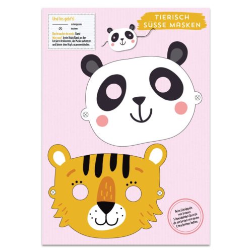 Illustrierte Panda- und Tiger-Gesichtsmasken auf rosa Hintergrund mit deutschem Text.