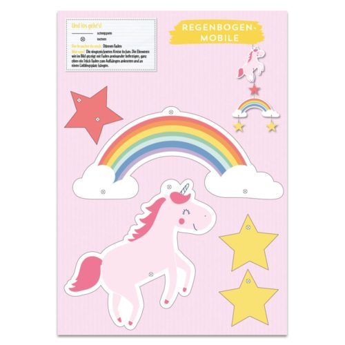 Rosa Einhorn, Regenbogen, Sterne und Wolken auf hellviolettem Hintergrund mit deutschem Text.