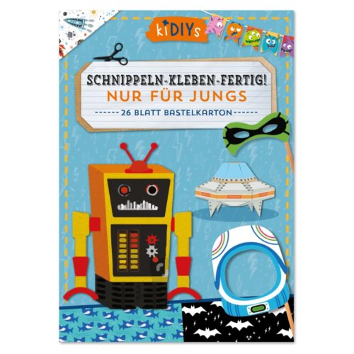 Buchcover für Kinderbastelbücher mit Designelementen aus den Motiven eines Roboters, UFOs, einer Maske und einer Katze auf blauem Hintergrund.
