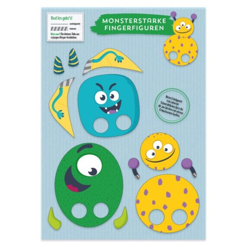 Bunte Monster-Fingerpuppen auf strukturiertem blauem Hintergrund, mit Löchern für die Finger.