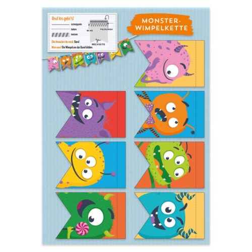 Farbenfrohe Monster-Flaggen-Motive auf einer Karte mit dem Titel „Monster-Wimpelkette“ und deutscher Anleitung oben.