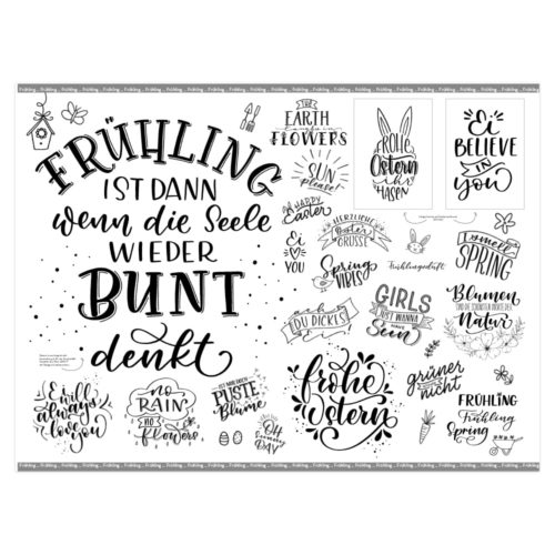 Ein Poster mit deutschen Frühlingszitaten und dekorativen Blumenillustrationen.