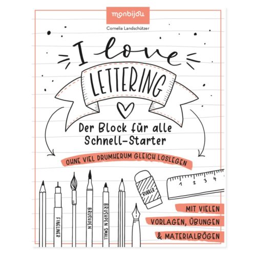 Cover eines Lettering-Buchs, unten abgebildet sind Künstlerutensilien wie Stifte und ein Lineal.