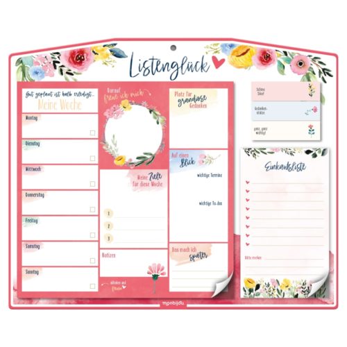 Bunter Wochenplaner mit Blumenmotiven und Abschnitten für Notizen, Ziele und einer Einkaufsliste an der Seite.