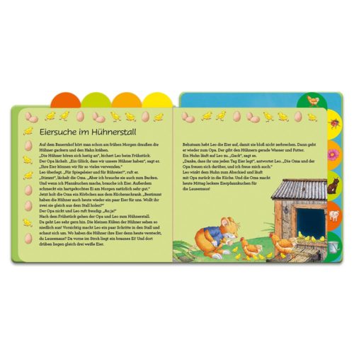 Kinderbuch mit illustrierten Bauernhoftieren und einer Textgeschichte in deutscher Sprache.