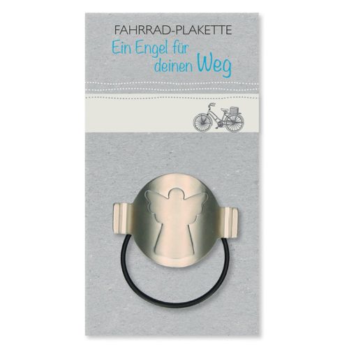 Metallengel-Fahrradabzeichen auf einer Karte mit deutschem Text „Ein Engel für deinen Weg“ und einer Fahrradgrafik.