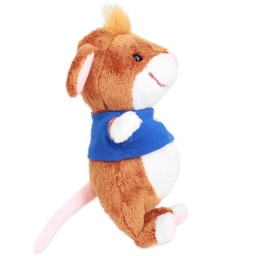 Seitenansicht eines braunen Plüschhamsters mit blauem Hemd, der aufrecht sitzt, mit flauschigem Schwanz und lächelndem Gesicht.