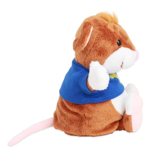 Plüschhamsterspielzeug mit blauem Hemd, das sitzt und winkt und einen rosa Schwanz und rosa Ohren hat.
