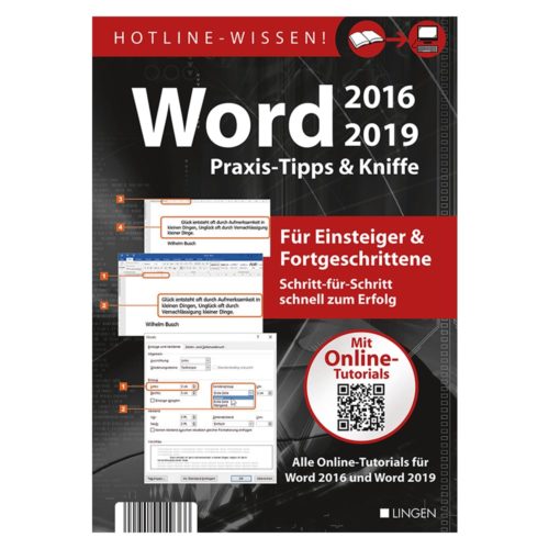 Buchcover für „Word 2016/2019“ mit Tutorials und Tipps für Anfänger und Fortgeschrittene, inklusive QR-Code.