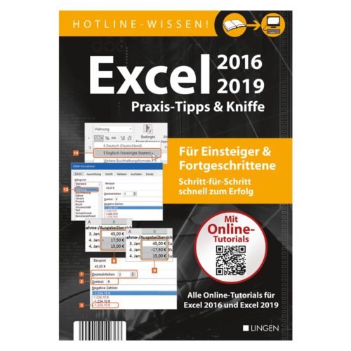 Cover eines Handbuchs für Excel 2016/2019 mit Tipps, Tutorials und Schritt-für-Schritt-Anleitungen für Anfänger und Fortgeschrittene.