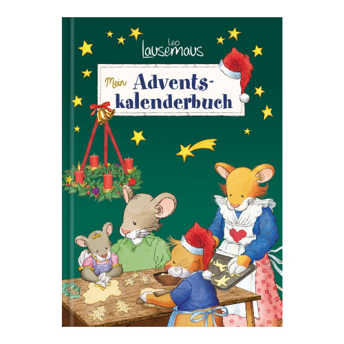 Illustriertes Buchcover mit Plätzchen backenden Mäusen und Weihnachtsdekorationen.